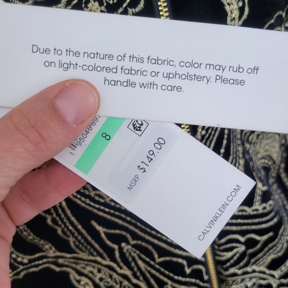 Calvin Klein Black Velvet and Gold Paisley Embroidered Dress Gold Zip 8 NWT - Picture 9 of 16